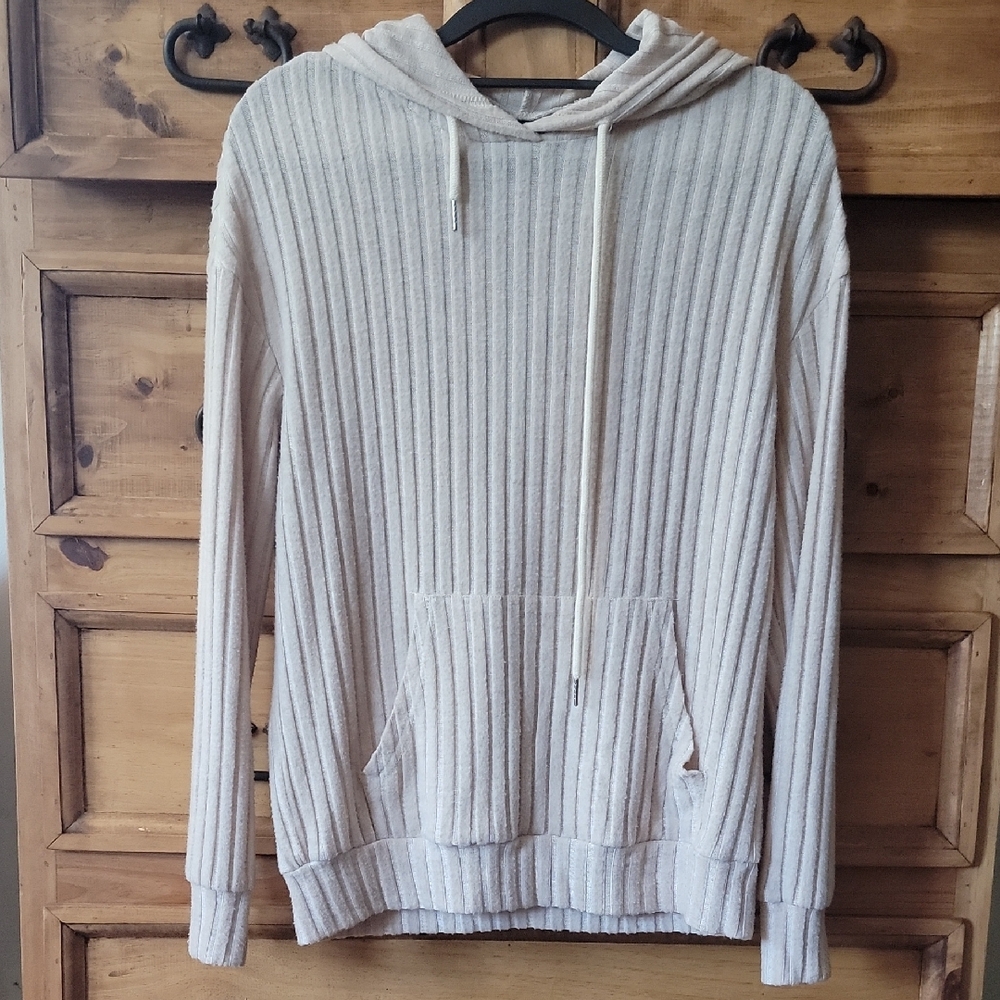 SHEIN Cream Ribbed Knit Hooded Sweater